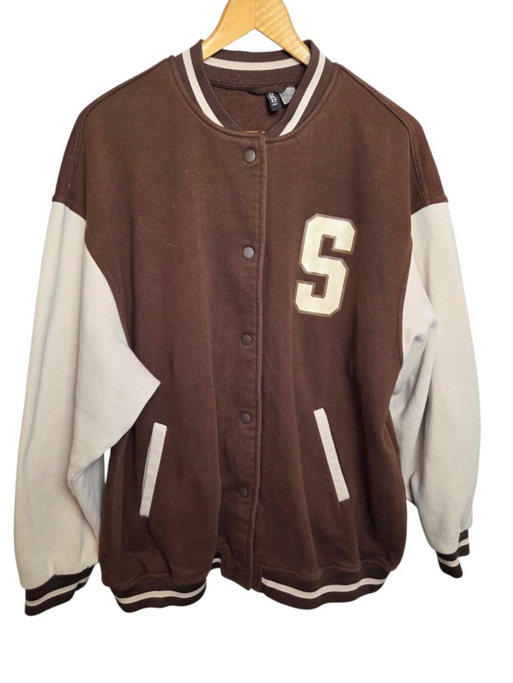 H&M Divided Men's Large Brown Cream Seattle West Coast Varsity Letterman Jacket